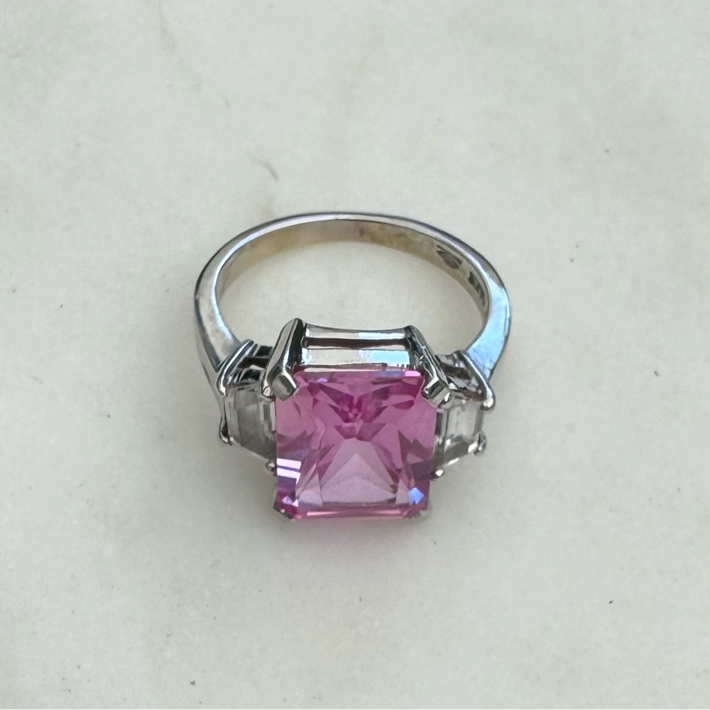 14K White Gold Pink Topaz Emerald Cut Cocktail Ring. Size 5.5. Vintage. UEC!